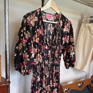 EUC Kate Spade Black Pink Brown Floral Woodland Animals Tiered Dress Smocked Wai